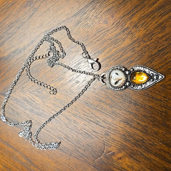 Boho Owl Necklace with Yellow Glass Pendant - Antique Silver-Plated Alloy - Picture 8 of 11